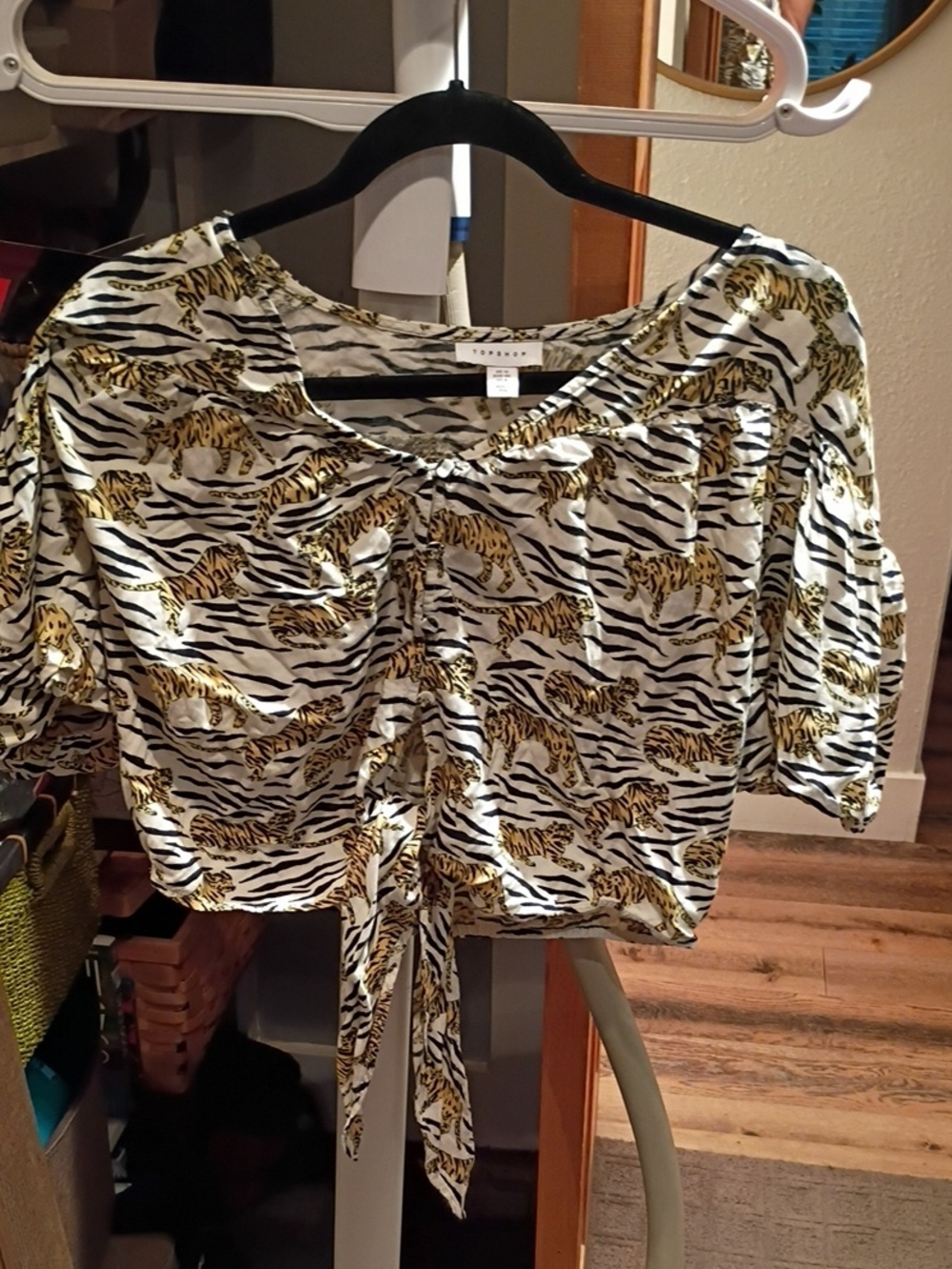 Topshop White Crop Top with Gold Tiger & Black Zebra Print